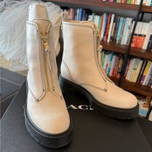 Coach Cream Platform Zip Front Ankle Boots - NEW
